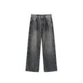 Men's washed cut wide leg jeans in straight leg style showing micro-elastic fabric and zipper fly