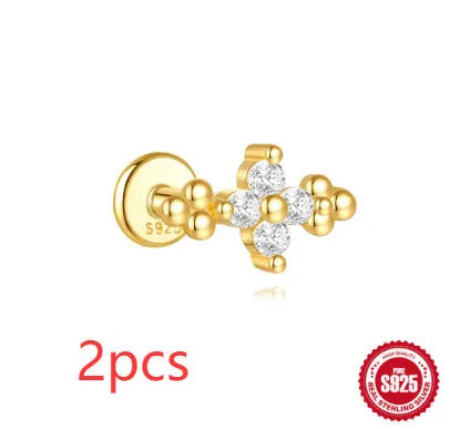 S925 sterling silver geometric earrings with moon and star design and embedded diamonds