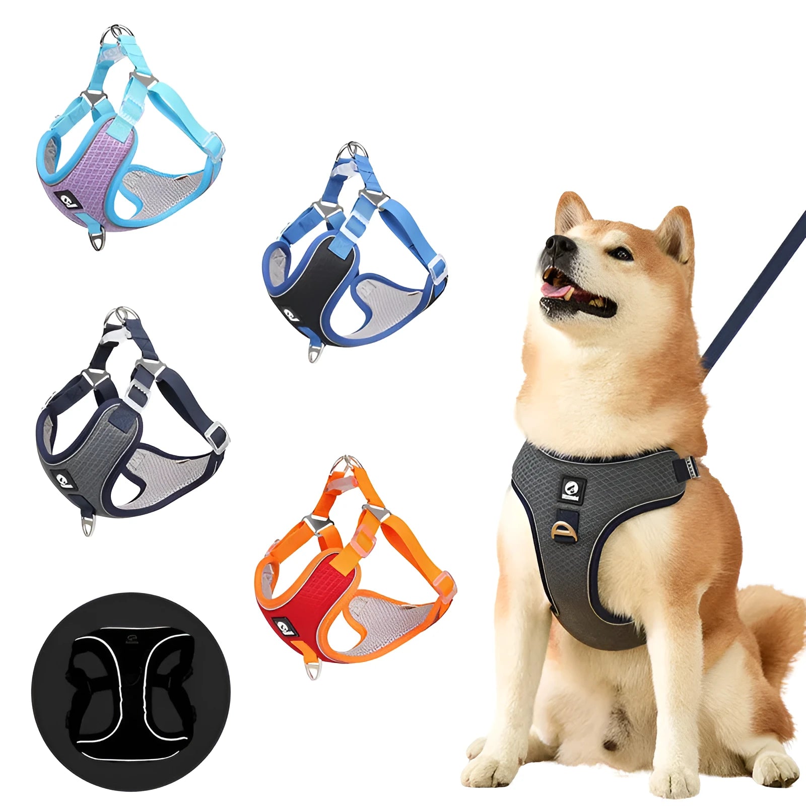 Adjustable reflective dog harness in polyester with four colour options
