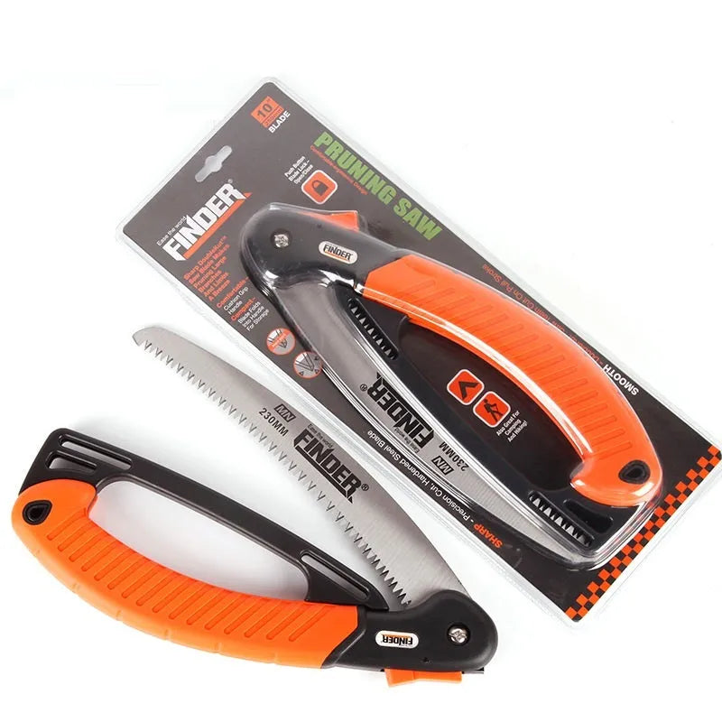 A folding garden hand saw with a TPR grip and a 9-inch 65MN steel blade, shown both open and closed.