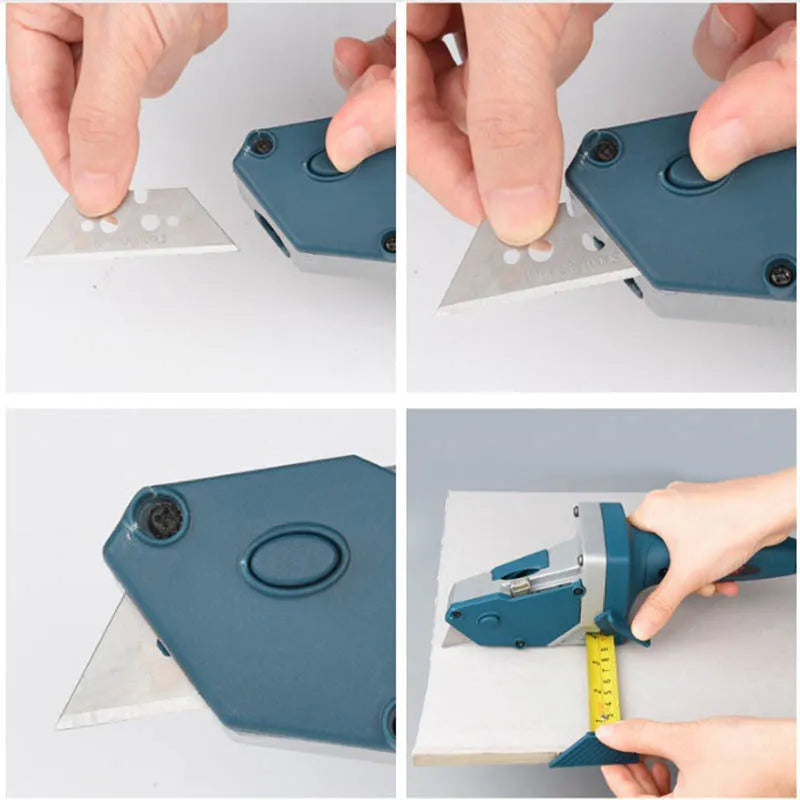 Blue aluminium alloy and TPR plastic woodworking cutter tool with measuring scale.
