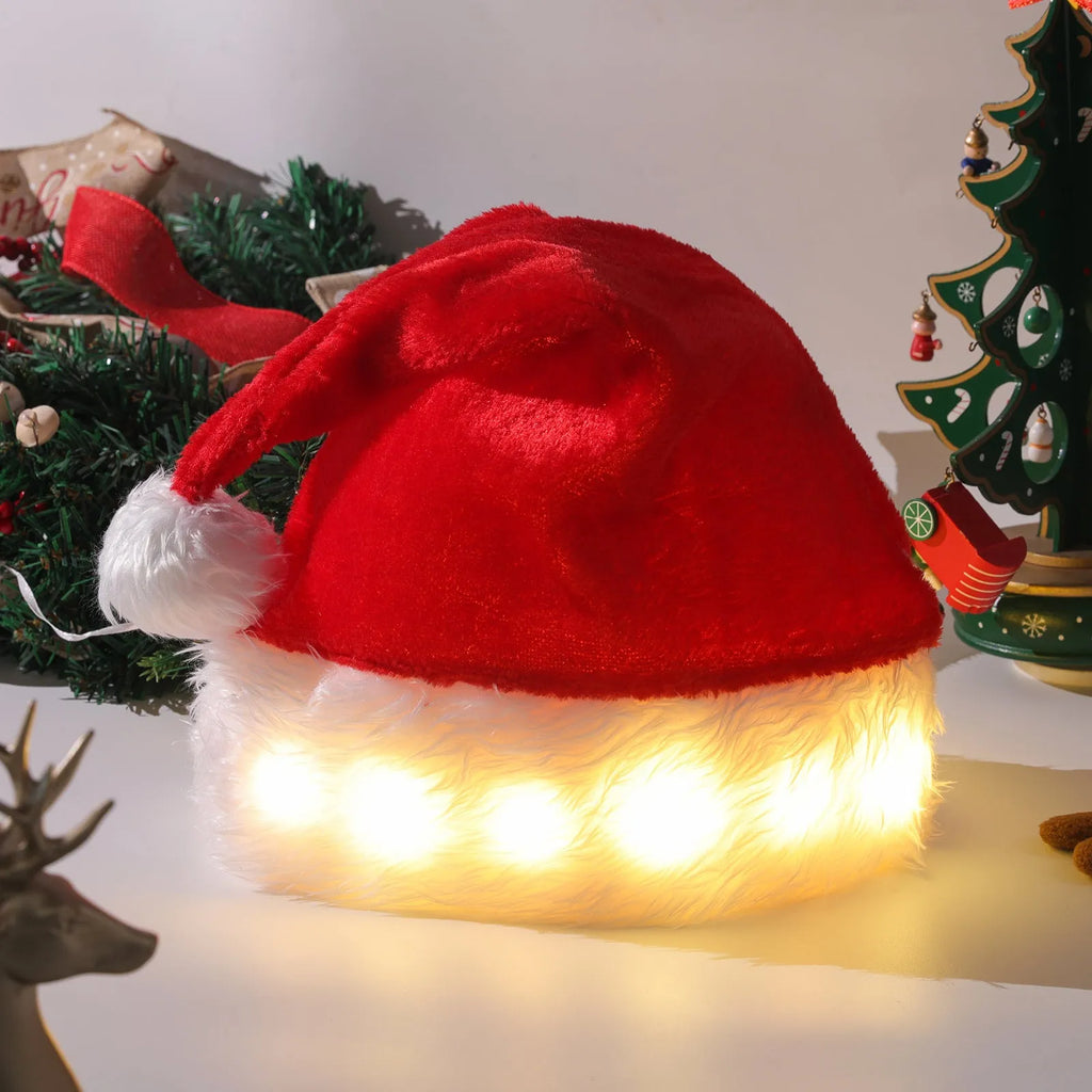 Red and white plush Santa hat with LED lights glowing around the rim and a white pom-pom.