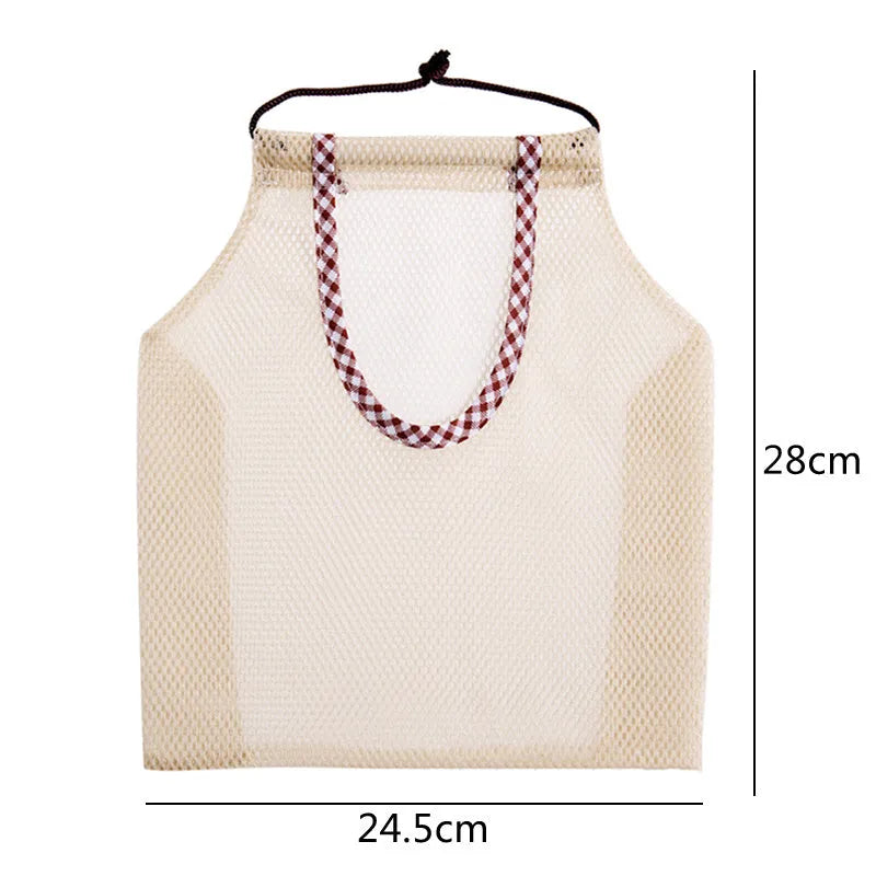 Beige plaid polyester mesh storage bag with cotton rope hanging loop on a white wall