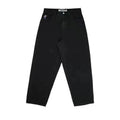 Men's straight-leg denim trousers with a retro pattern print in dark blue, shown laid flat.