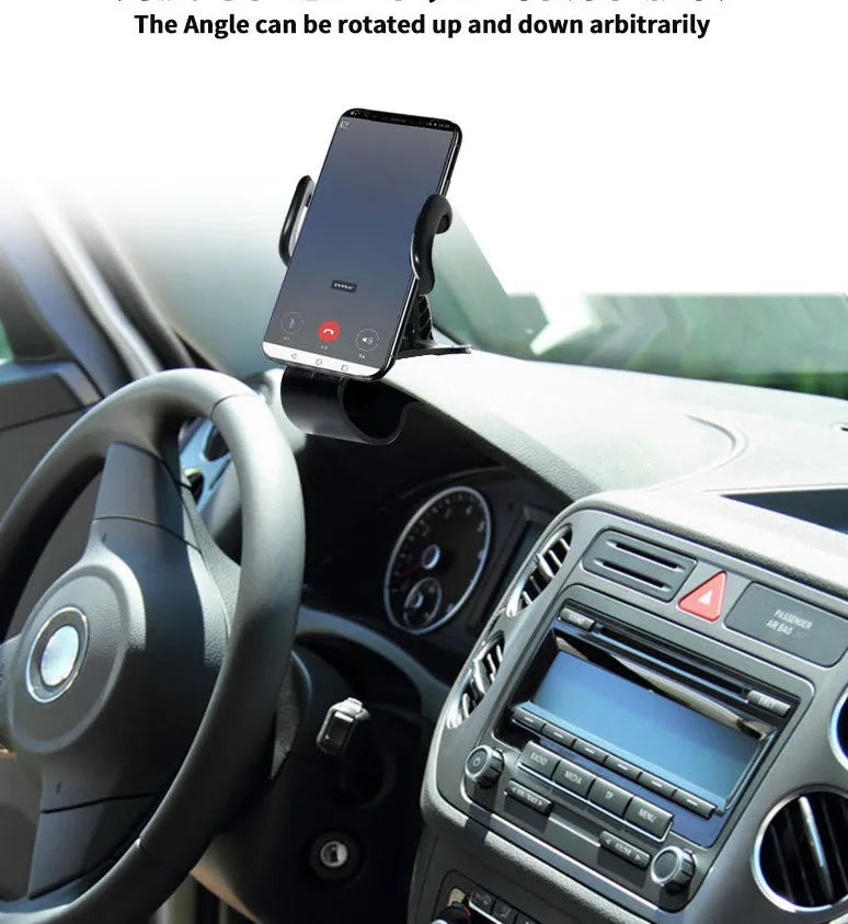Black grey ABS plastic rotating phone holder for car air vent with direct view, 360-degree rotation, and adjustable width.