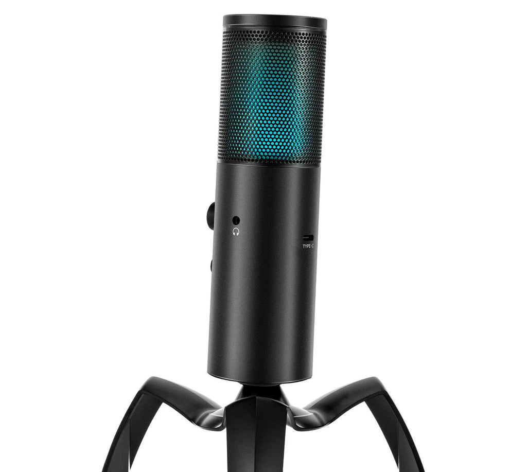 Black metal USB condenser microphone with RGB lighting on integrated tripod mount