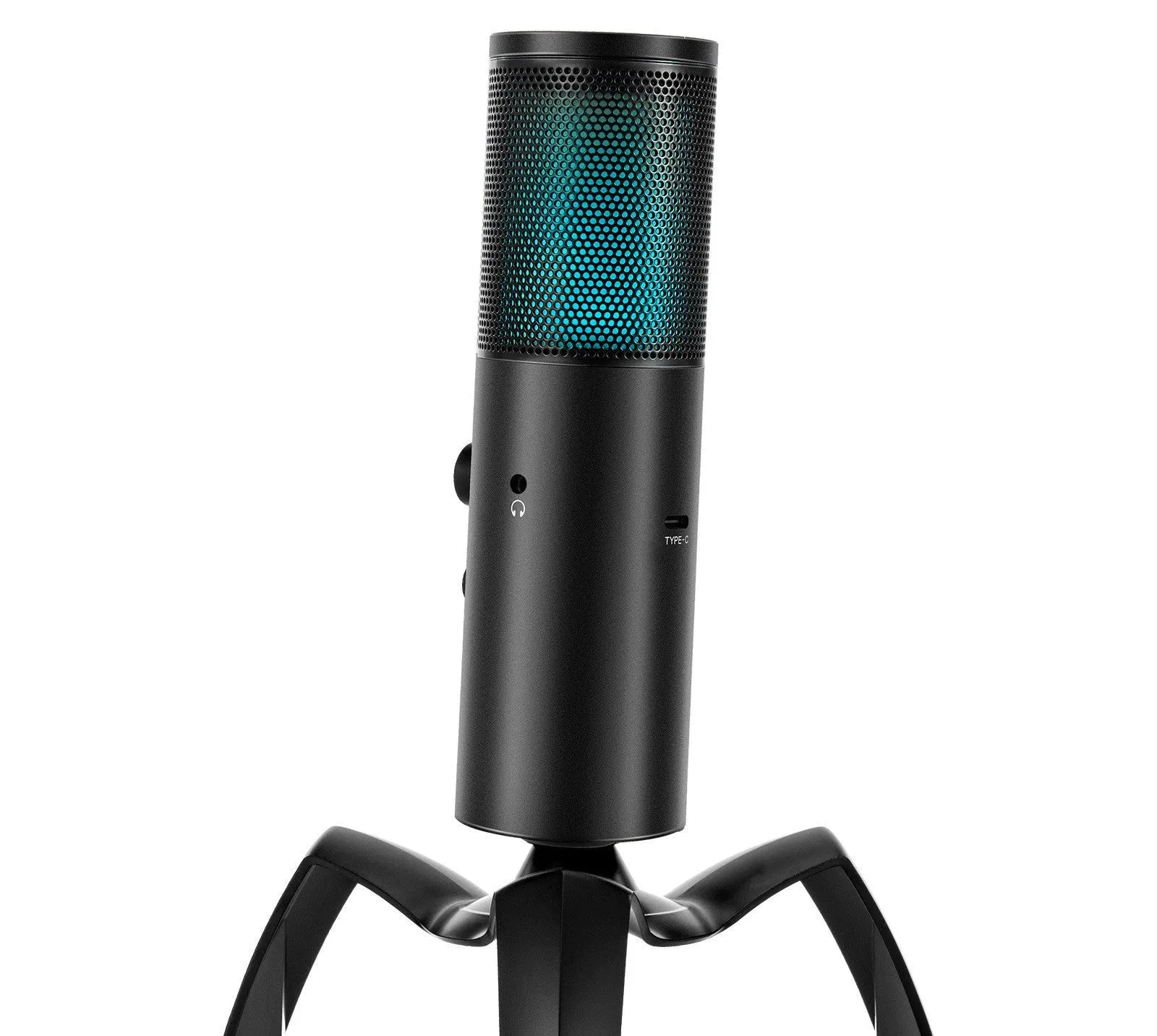 Black metal USB condenser microphone with RGB lighting on integrated tripod mount