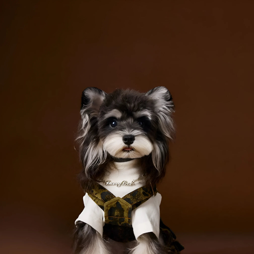 Leopard print cotton dog overalls for autumn in suspender style, sizes XS to XXL