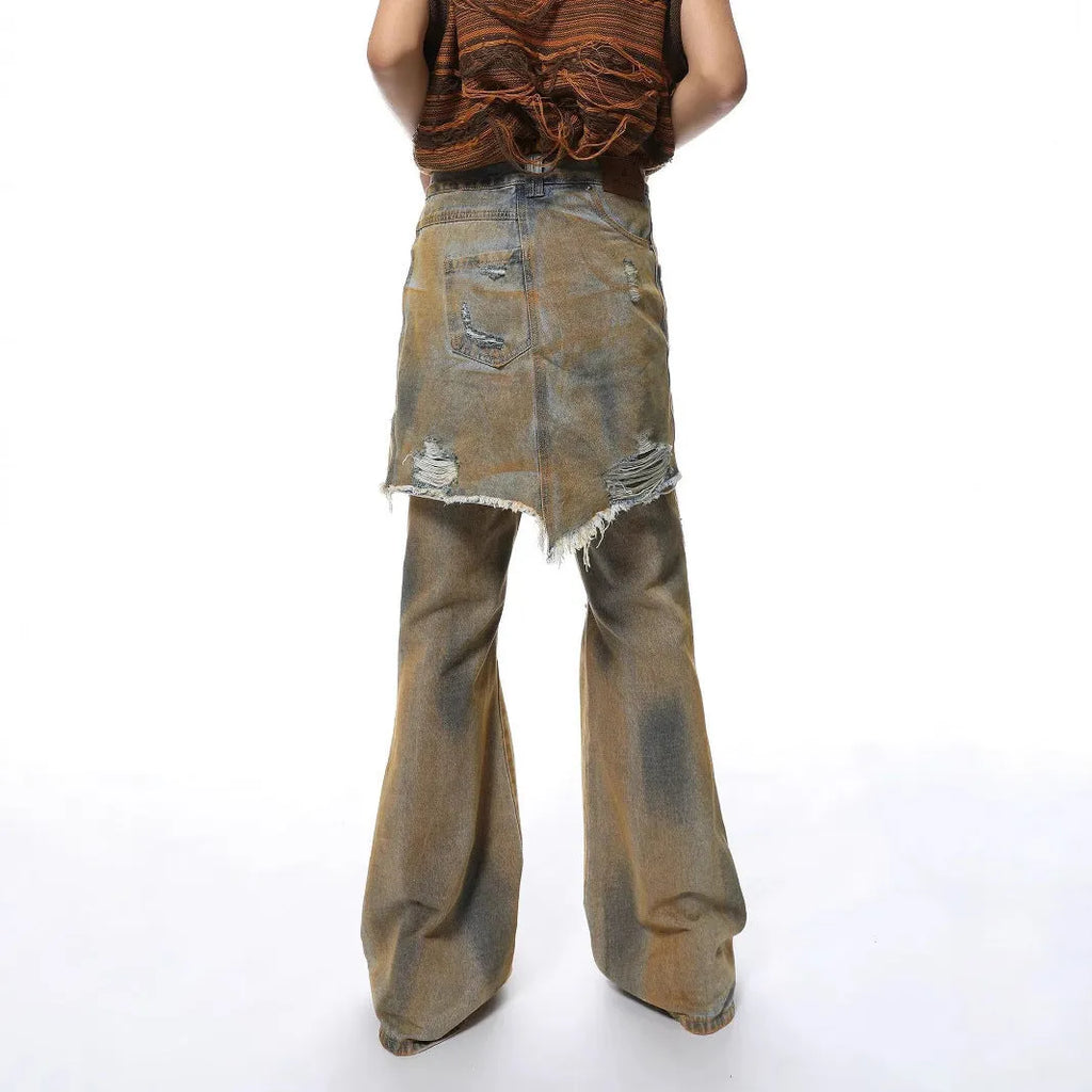 High-waisted bootcut denim trousers with straight leg and cardigan button fly