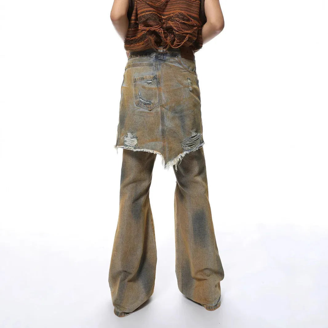 High-waisted bootcut denim trousers with straight leg and cardigan button fly