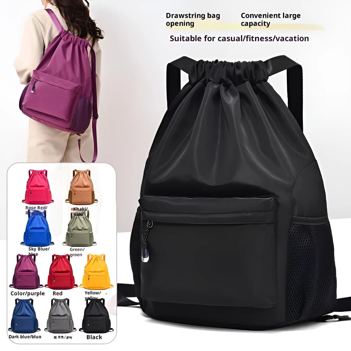 Oxford cloth travel fitness backpack with curved shoulder straps, solid colour, stitched detail, under 20L