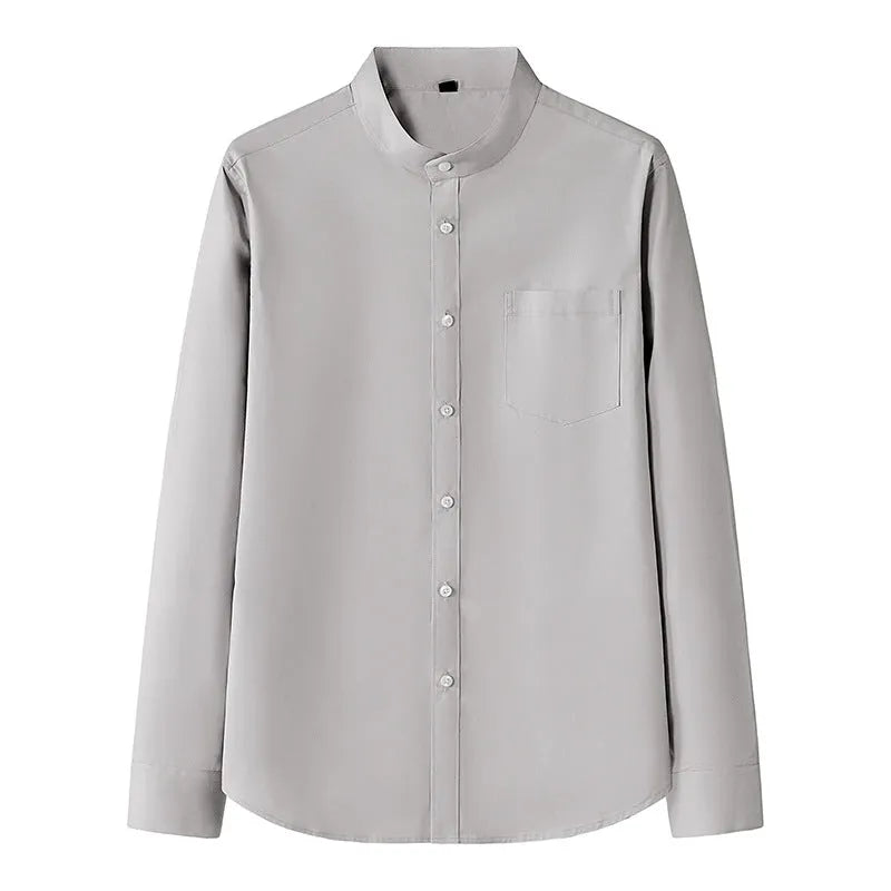 Men's stand collar long sleeve slim fit solid colour pocket shirt in black