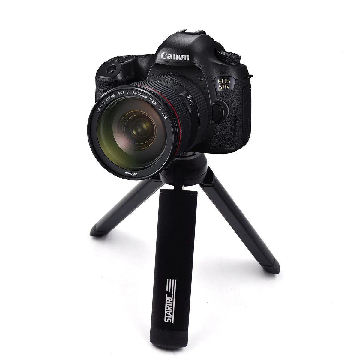 Silver aluminium alloy handheld phone mounting bracket for table top tripods, shown next to an iPhone.