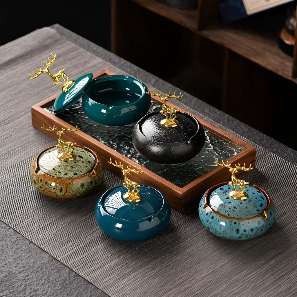Kiln baked blue ceramic ashtray with lid, simple decorative home tabletop design