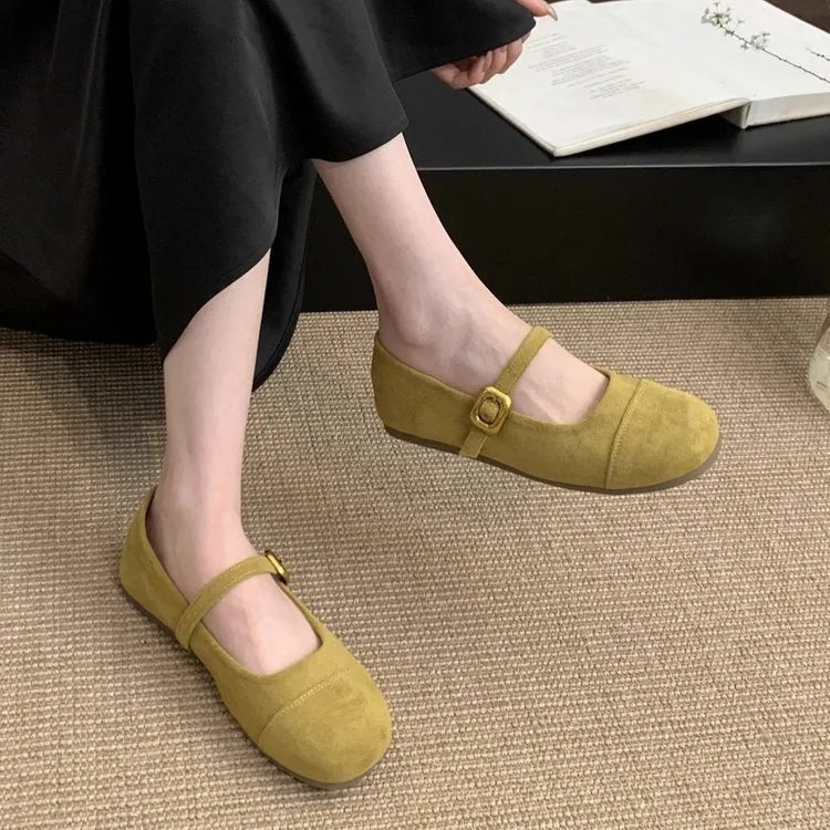 Low-cut canvas Mary Jane flat shoes with vintage suede finish in apricot