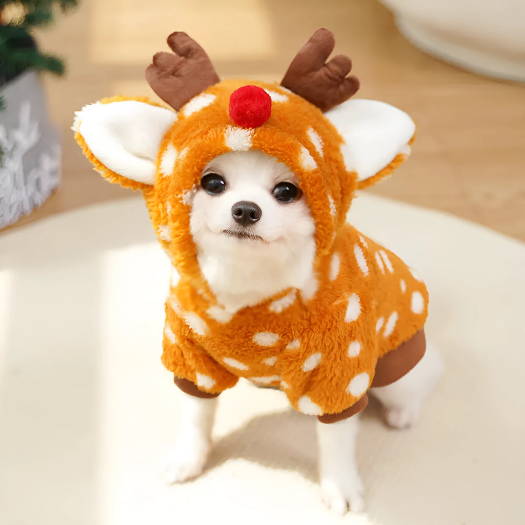 Elk design fleece-lined dog costume for small to medium breeds in Christmas red colour