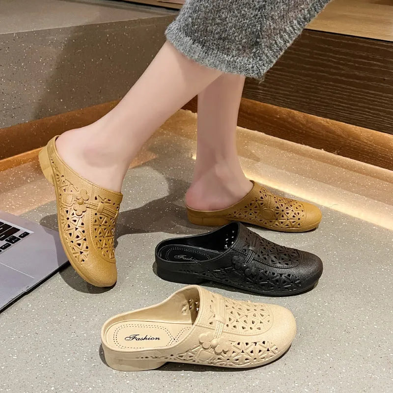 Flat toe box fairy style PVC half slippers with hollow out design in apricot colour