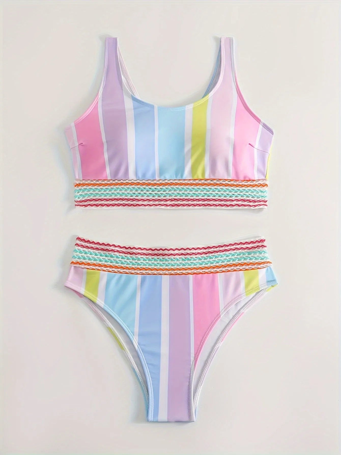 Women's striped two-piece bikini set for swimming and sports.