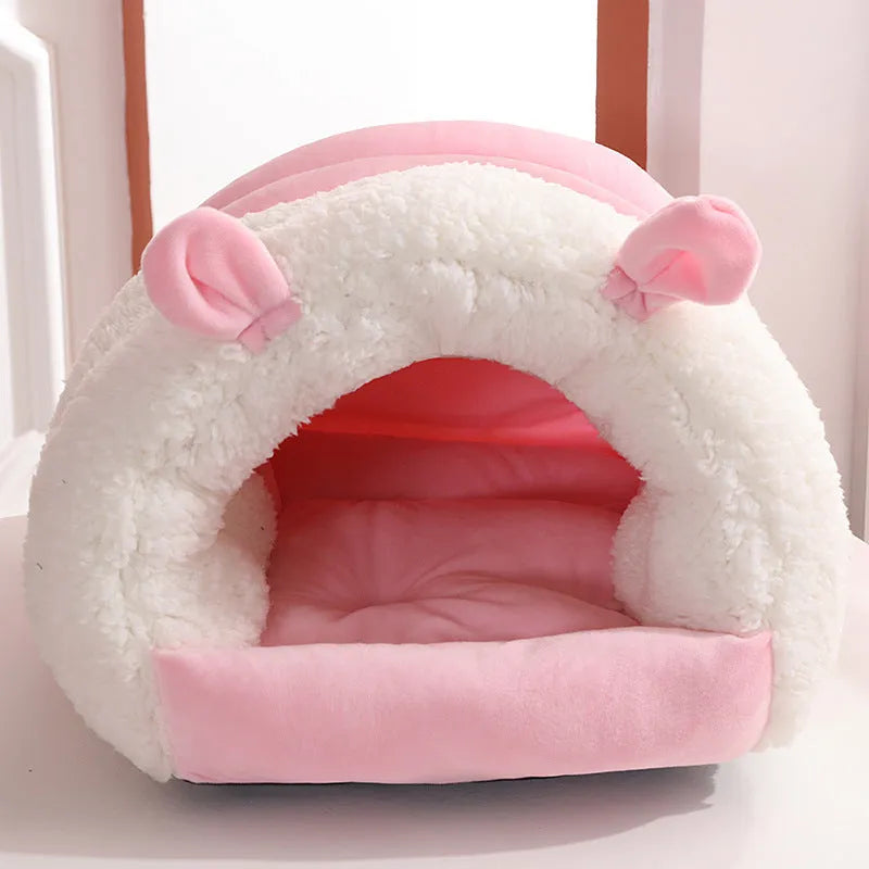 Closed washable cat nest with removable cushion in blue, pink, or purple colour