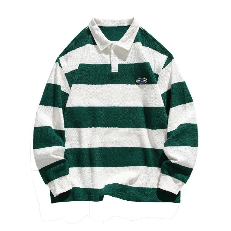 Hong Kong style striped pearl cotton polo shirt with lapel sweater design in loose fit