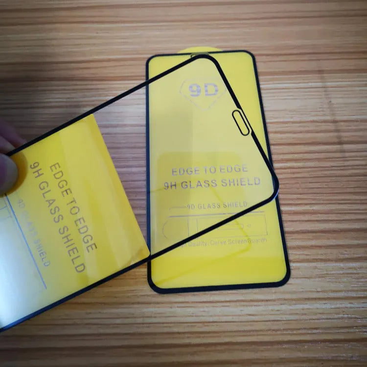 Black full screen glass tempered film for Xiaomi phones on a white background