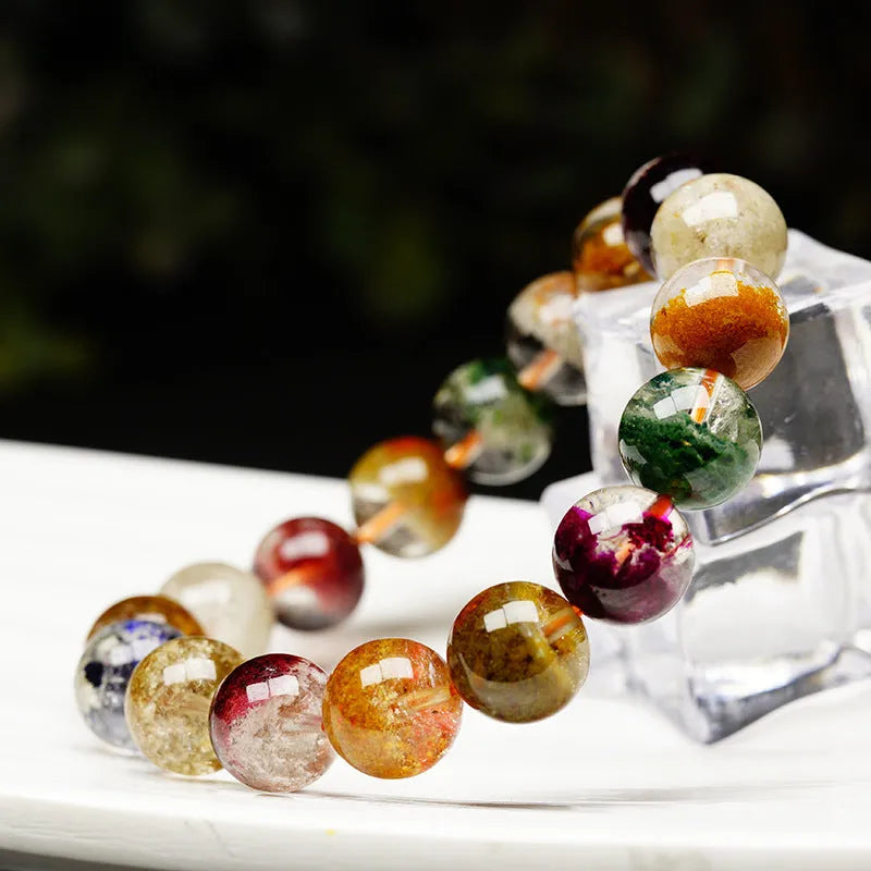 Natural four seasons colourful ghost cornucopia crystal bracelet with 10mm beads in retro ethnic style