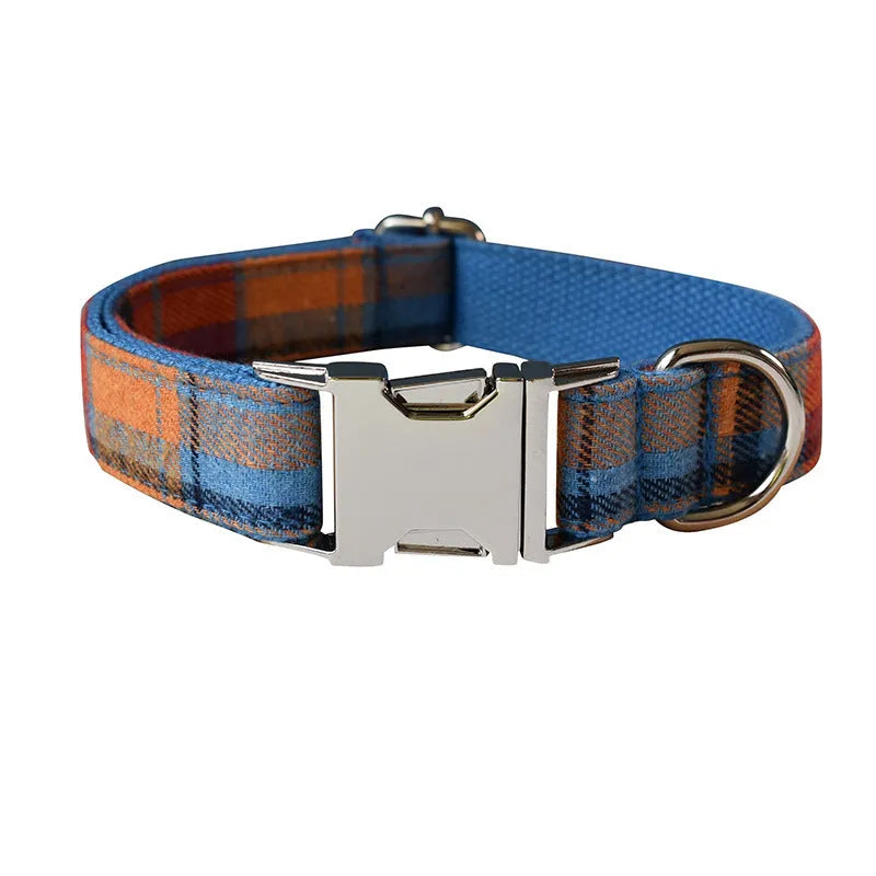 Blue velvet plaid pattern dog collar with alloy buckle on cotton material