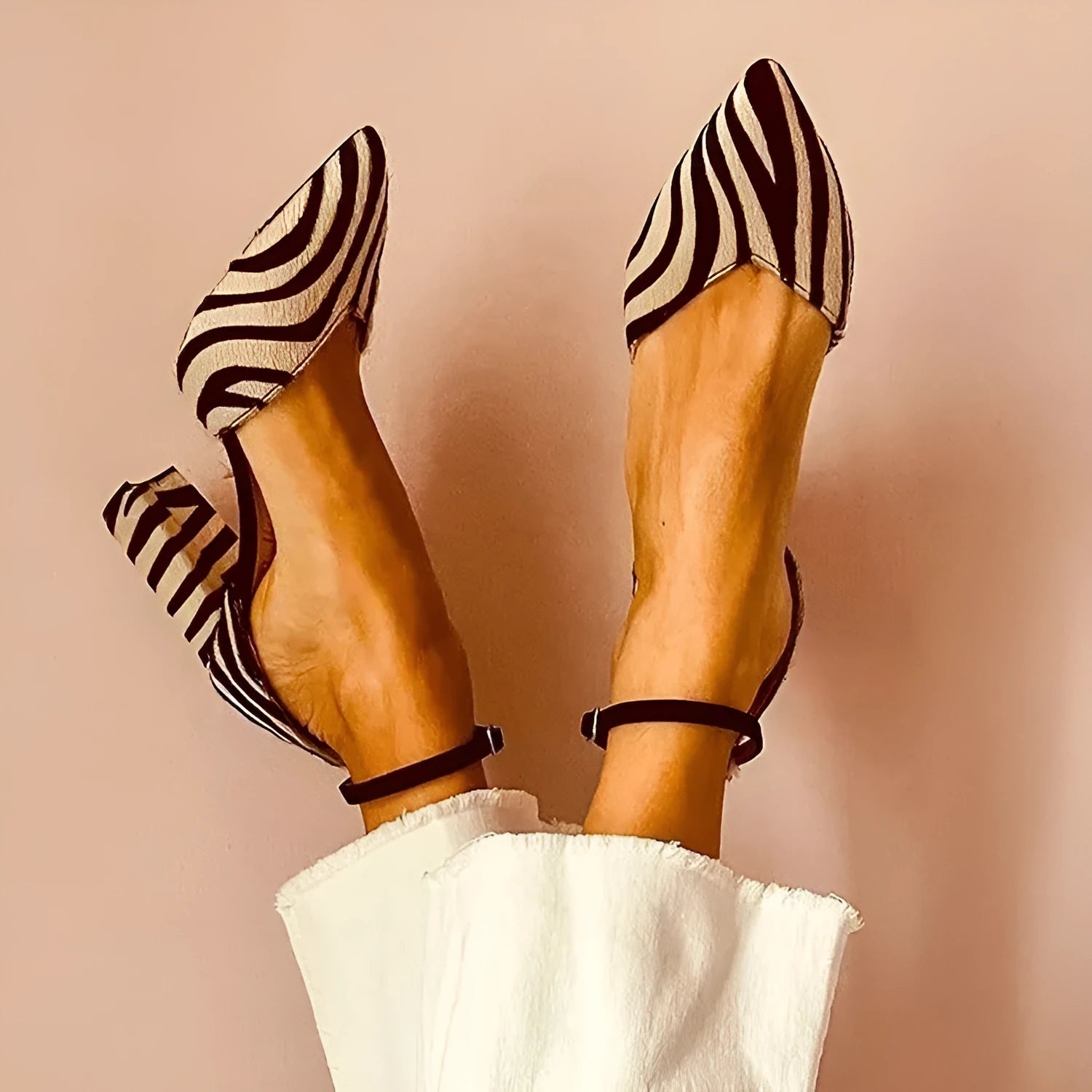 Women's zebra print pointed toe high heel sandals with suede upper and 6-8cm heel