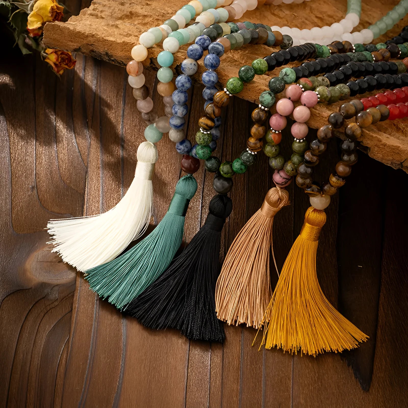 Vintage tassel bohemian style natural stone beaded long sweater chain with geometric beads