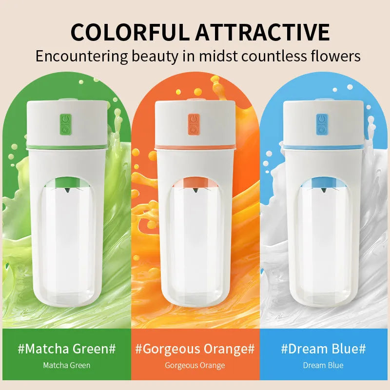 Portable USB rechargeable electric juicer blender in blue, green, or orange colour options
