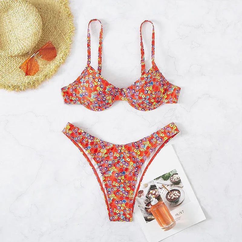 Women's red floral high waist swimsuit with adjustable straps in polyester fabric