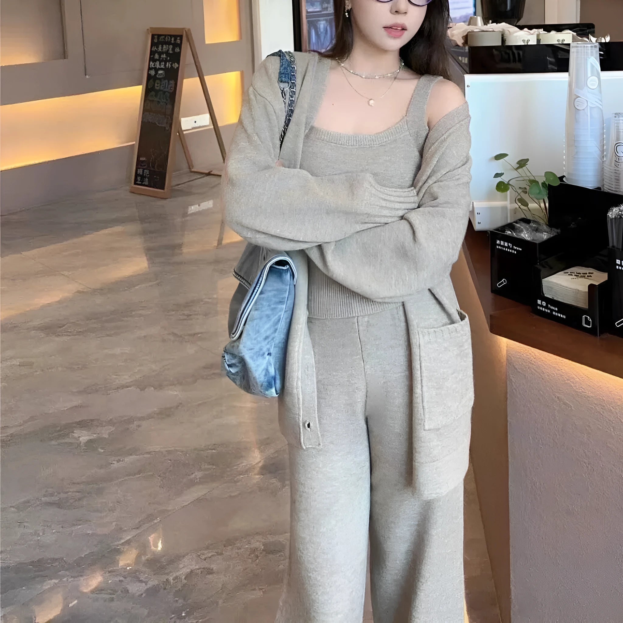 Women's knit cardigan vest and suspender trousers three-piece set in solid colour wool blend fabric