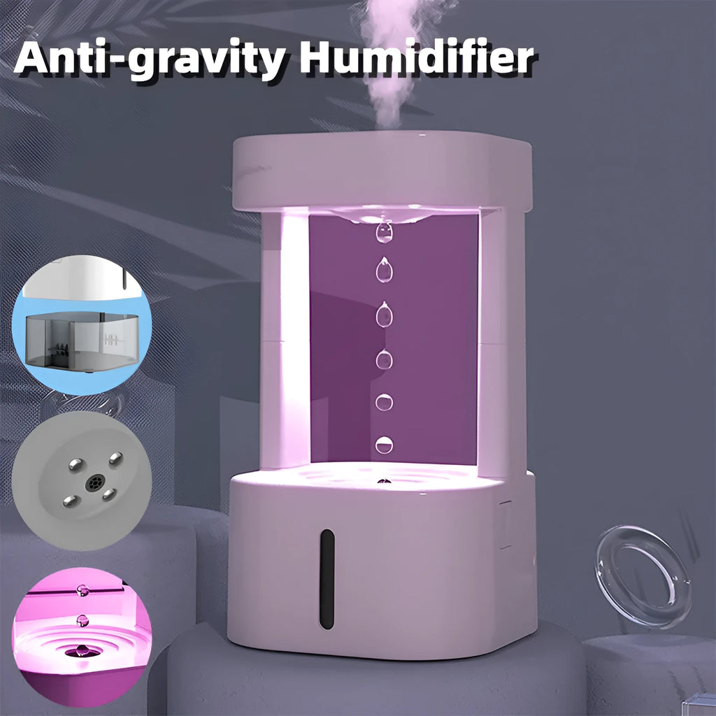 Mini humidifier with anti-gravity water droplets and 580ml tank for bedroom office use