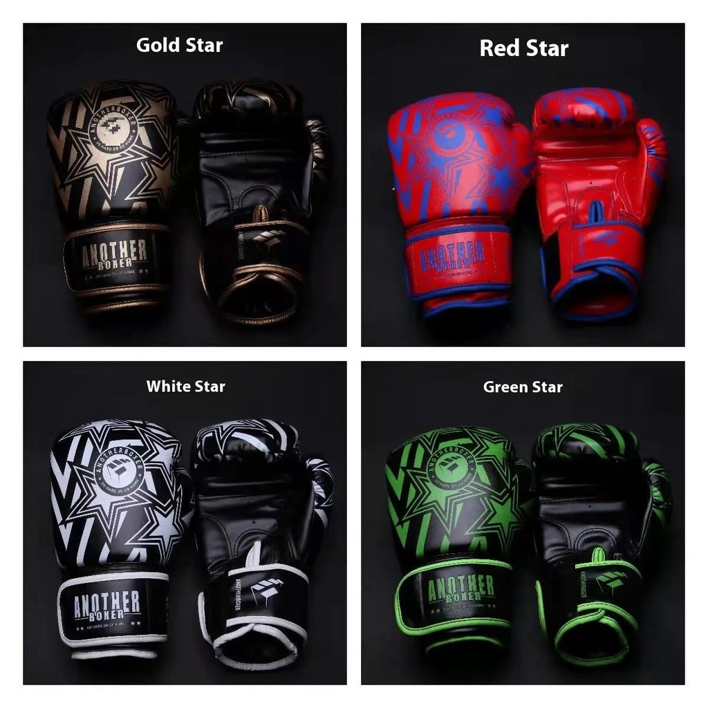 Children's boxing sanda gloves in gold, red, white, green, and lake blue star designs, showing size options from 4oz to 14oz.