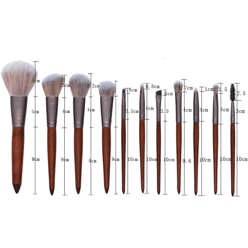 11-piece makeup brush set with synthetic hair heads, matte coffee aluminium ferrules, and natural wood handles