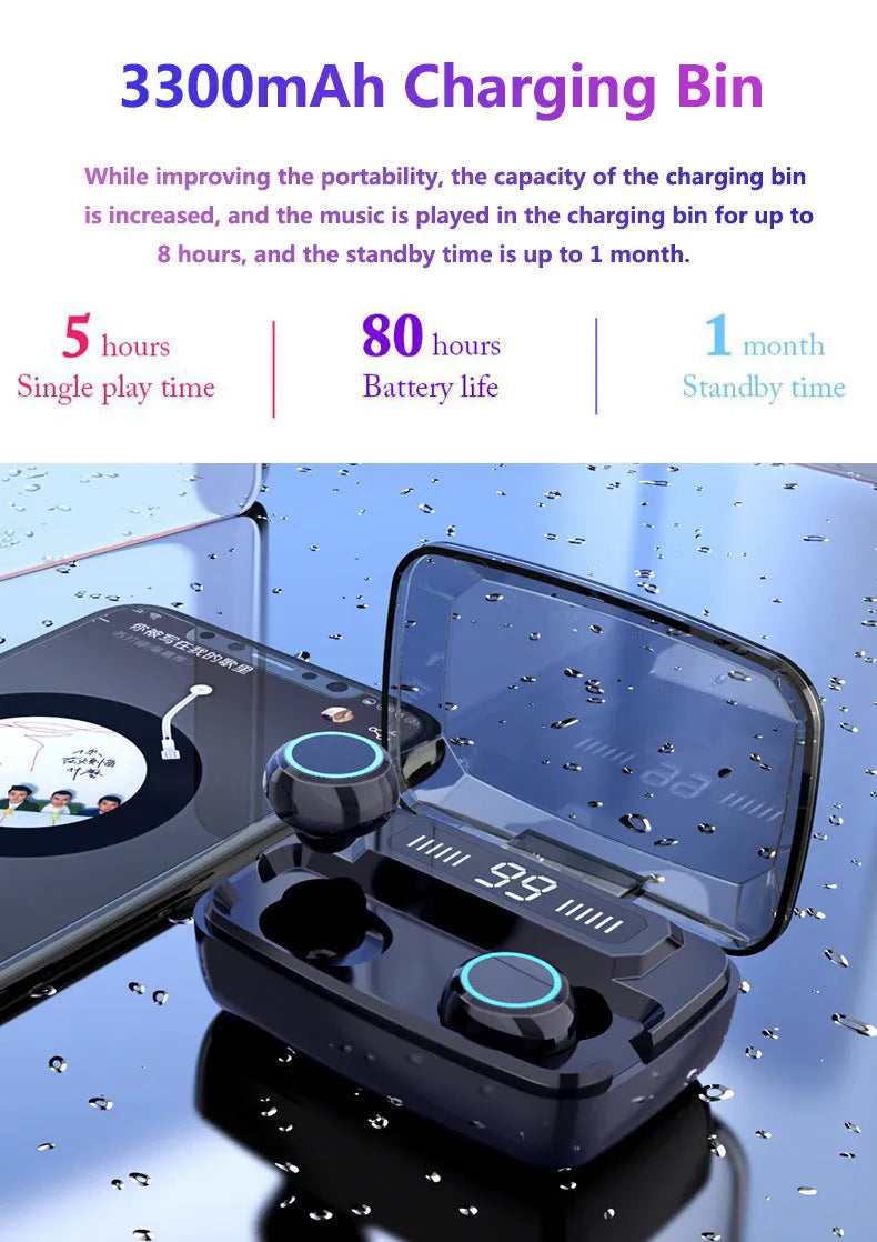 Black M11 wireless Bluetooth in-ear headphones with a matching charging case showing digital battery display.