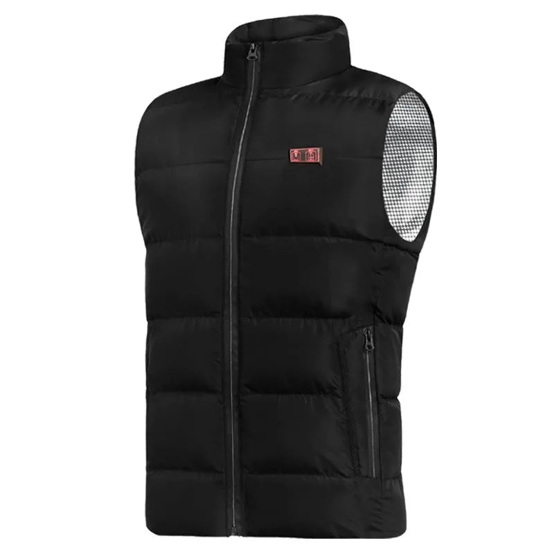 Heated cotton vest in black with USB electric heating panels for winter outdoor warmth