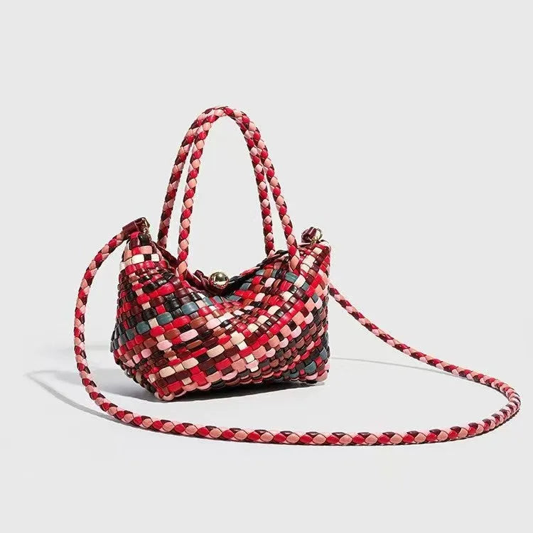 Women's woven shoulder bag with textured pattern in PU leather, showing 18×11×14cm dimensions