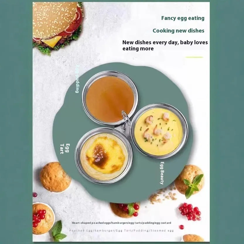 Mini stainless steel egg steamer shown in heart-shaped and round designs on a kitchen counter.