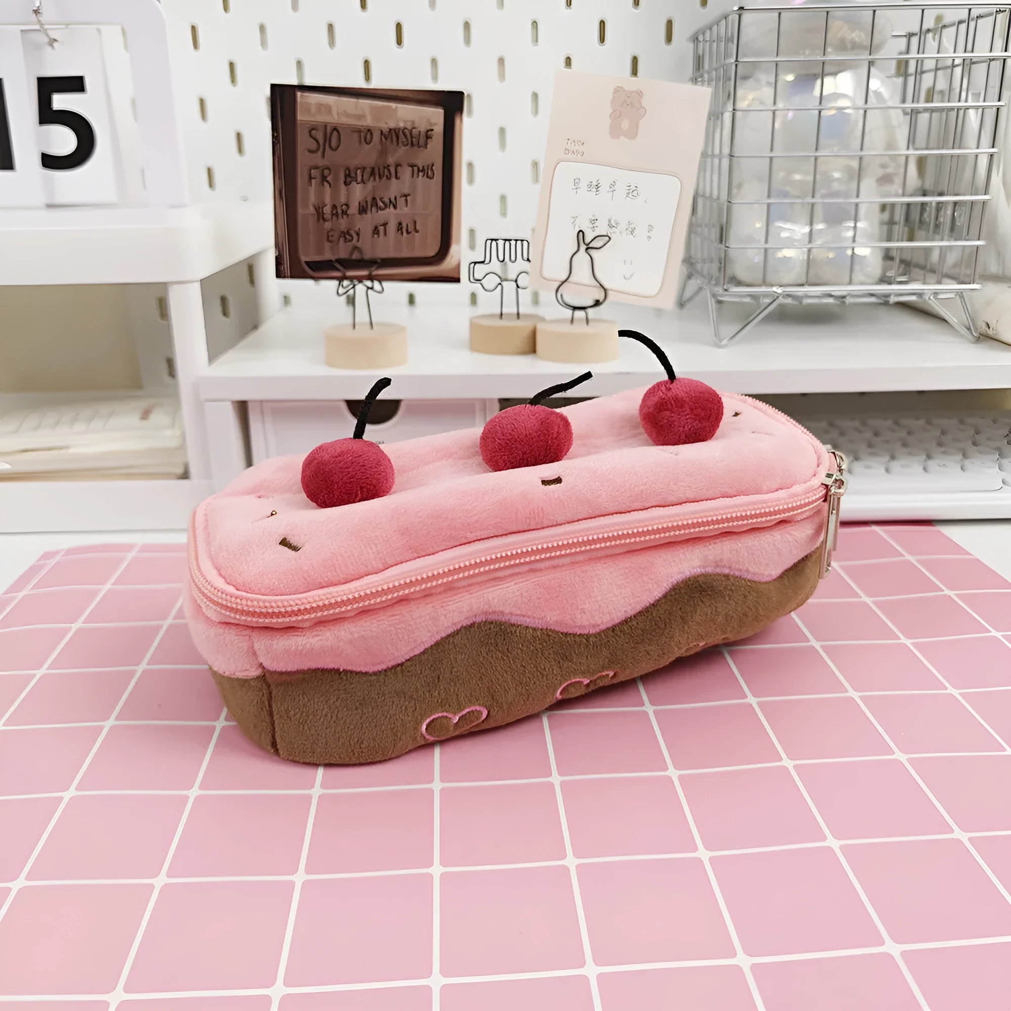 Cherry Cake patterned velvet pencil bag in Korean style.