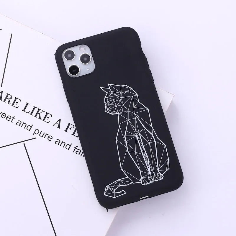 Animal line art painted TPU iPhone case showing graffiti-style cat, deer, horse, love, snake, and wolf designs on solid colour background