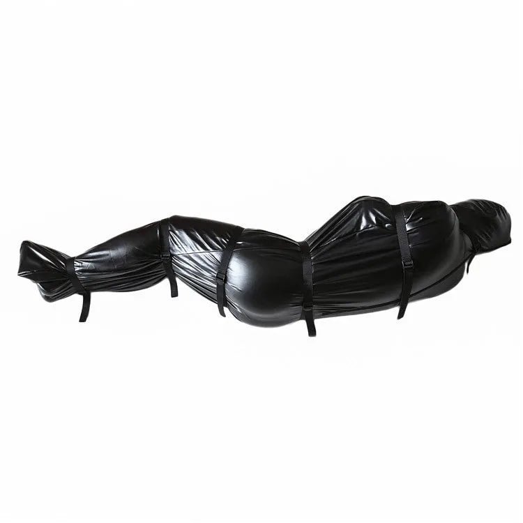 Black patent leather bondage set with body wrap and six ratchet tie-down straps