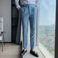 Men's straight-leg casual trousers in polyester available in multiple colours.