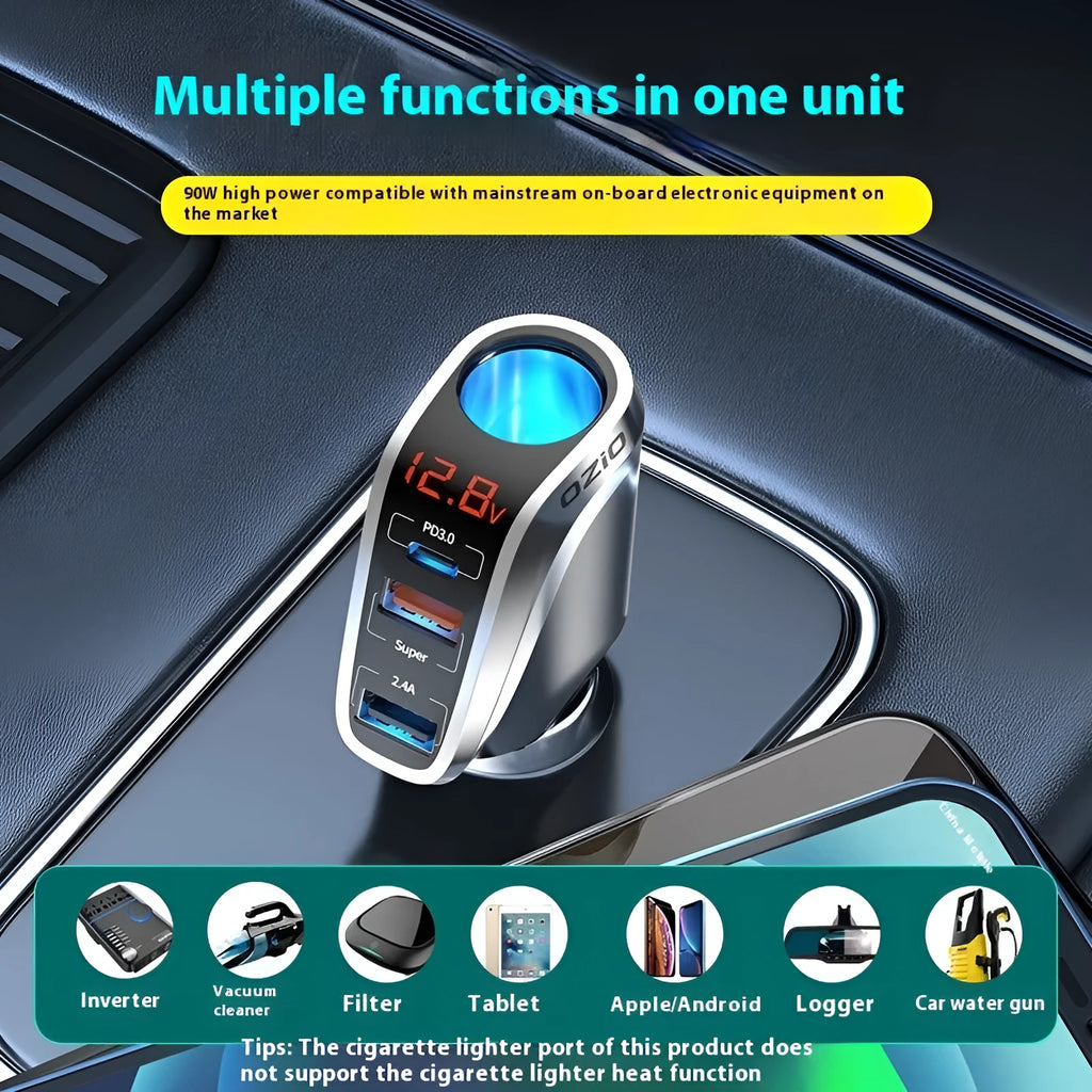 Quick charging car cigarette lighter with one to three conversion plug, wireless pad, and USB output in silver