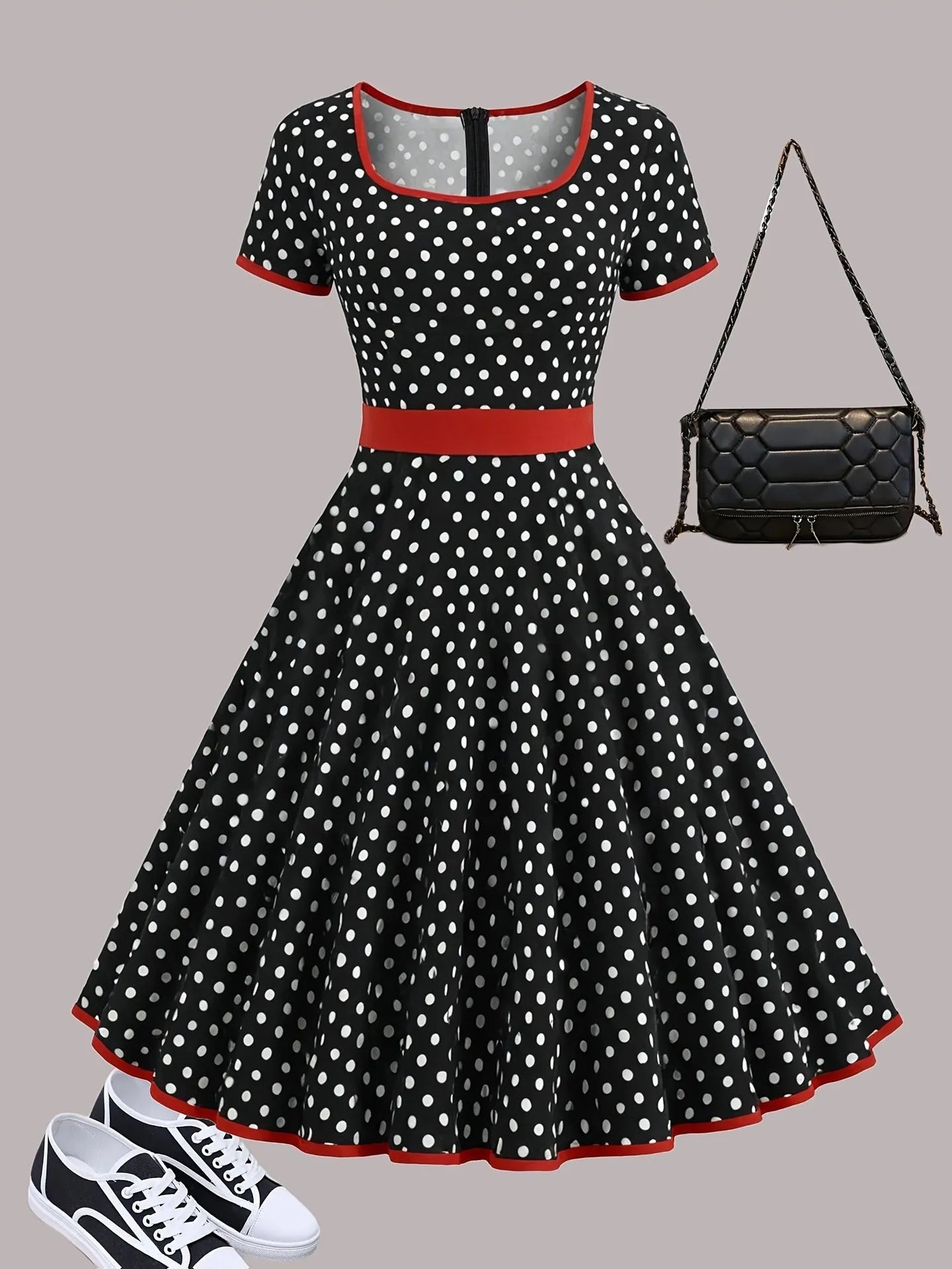 Women's multicolour polka dot midi dress with a square collar, short sleeves, and a front zipper.