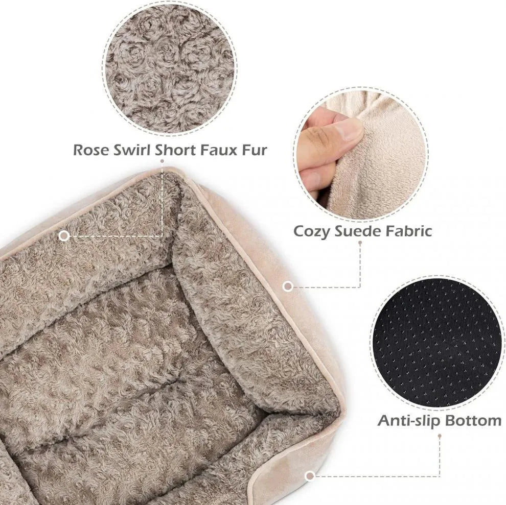 Golden retriever stuffed plush pet kennel bed for dogs and cats in beige.