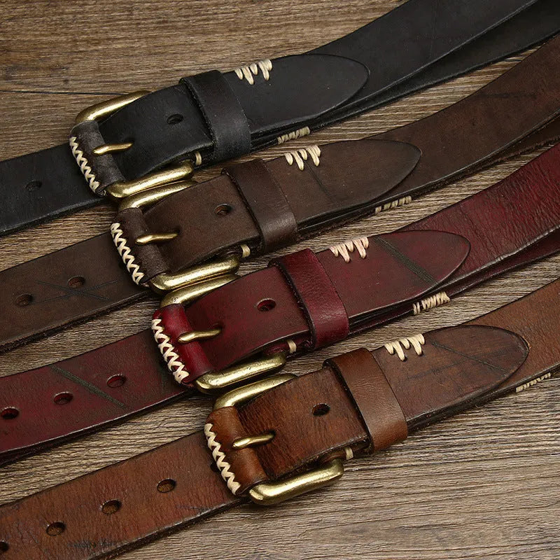 Handmade retro cow leather belt with copper pin buckle, 3.8cm wide, 4mm thick, in brown colour