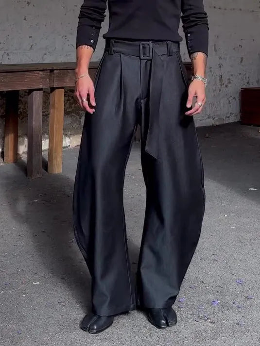 Black polyester oversized wide-leg pants with high-waisted belt, full-length, casual fit