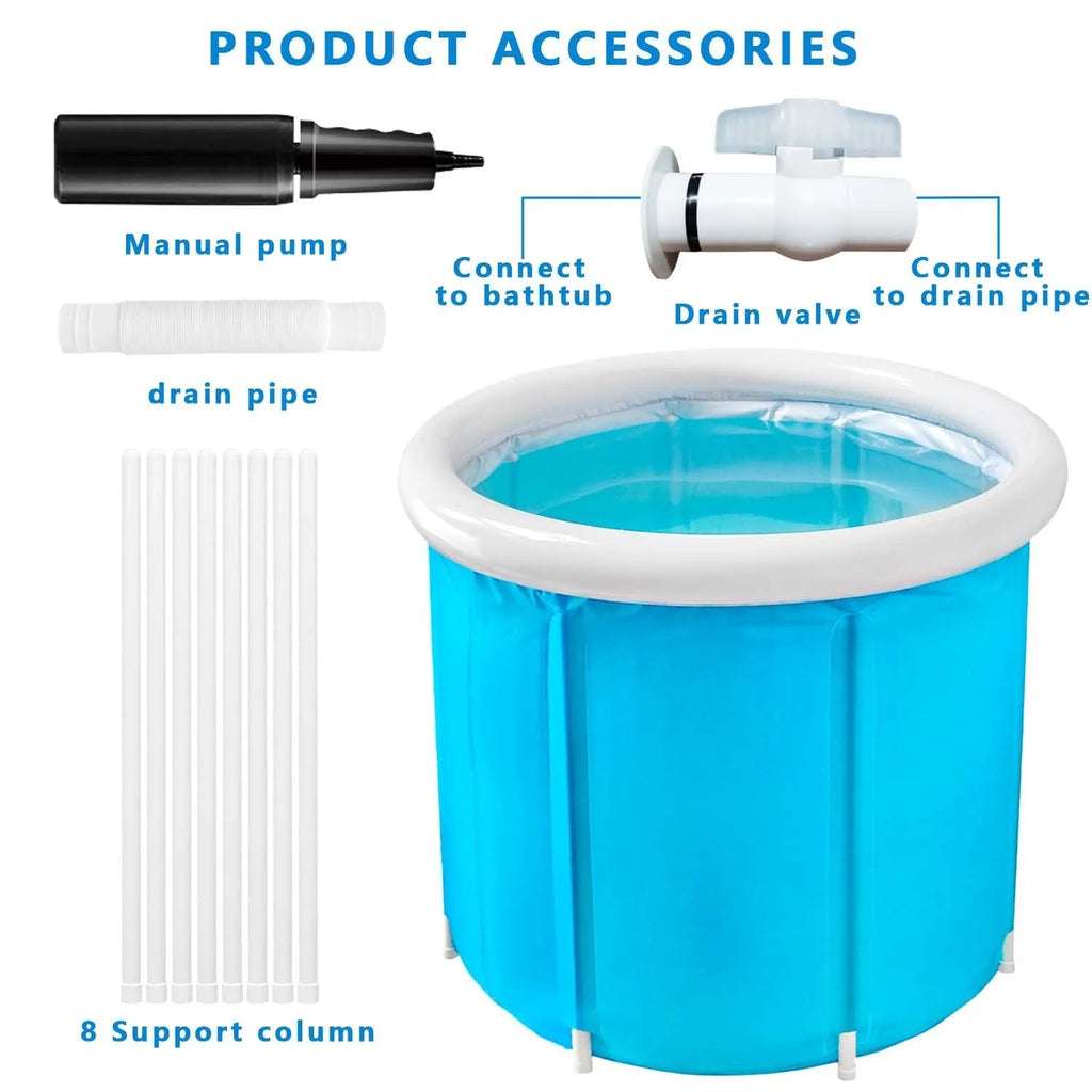 Blue inflatable bath barrel for adults made from environmentally friendly PVC, folded and inflated.