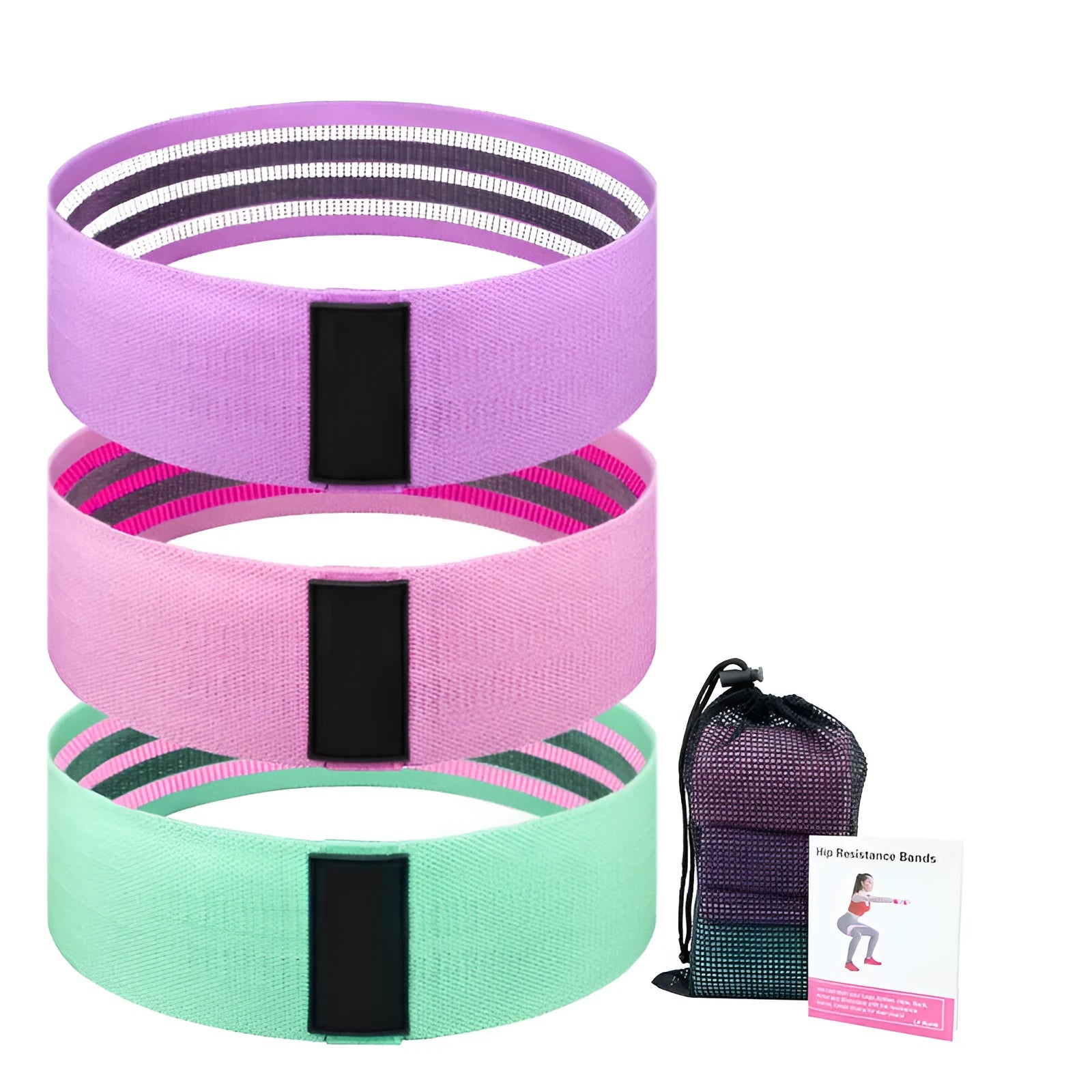 Set of three fabric resistance bands in lake blue, pink, and purple with a grey storage net bag.